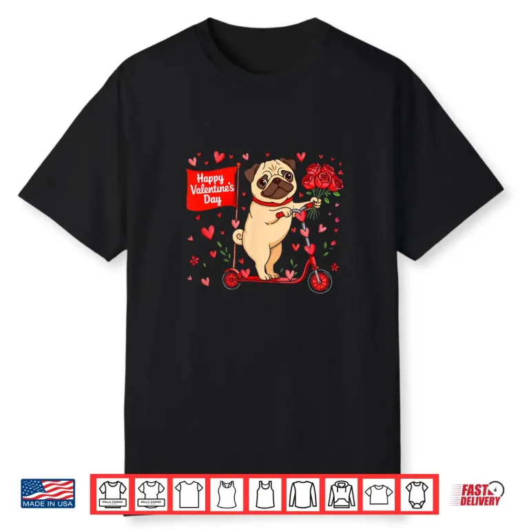 Happy Valentines Day Pug Riding Scoter Floral Owner Kids Shirt