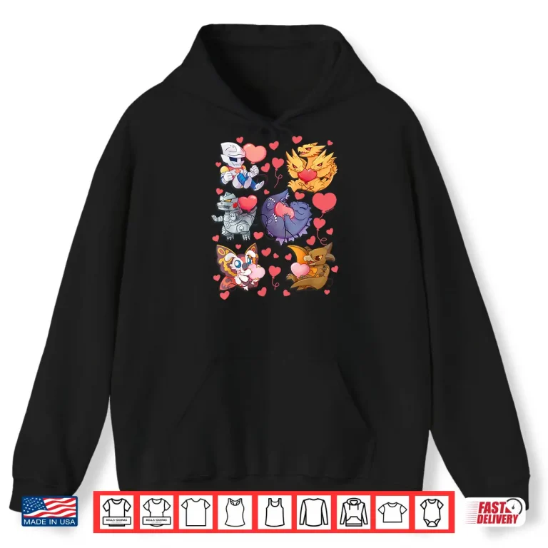 Hoodie Godzilla Heart Character Collage Valentines Day Love Kaiju Shirt