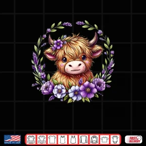 Baby Highland Cow with Purple Flowers Scottish Farm Shirt 4 Design Baby Highland Cow with Purple Flowers Scottish Farm Shirt 1