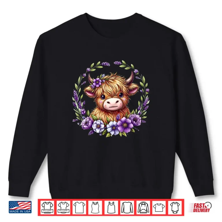 Sweatshirt Baby Highland Cow with Purple Flowers Scottish Farm Shirt 1