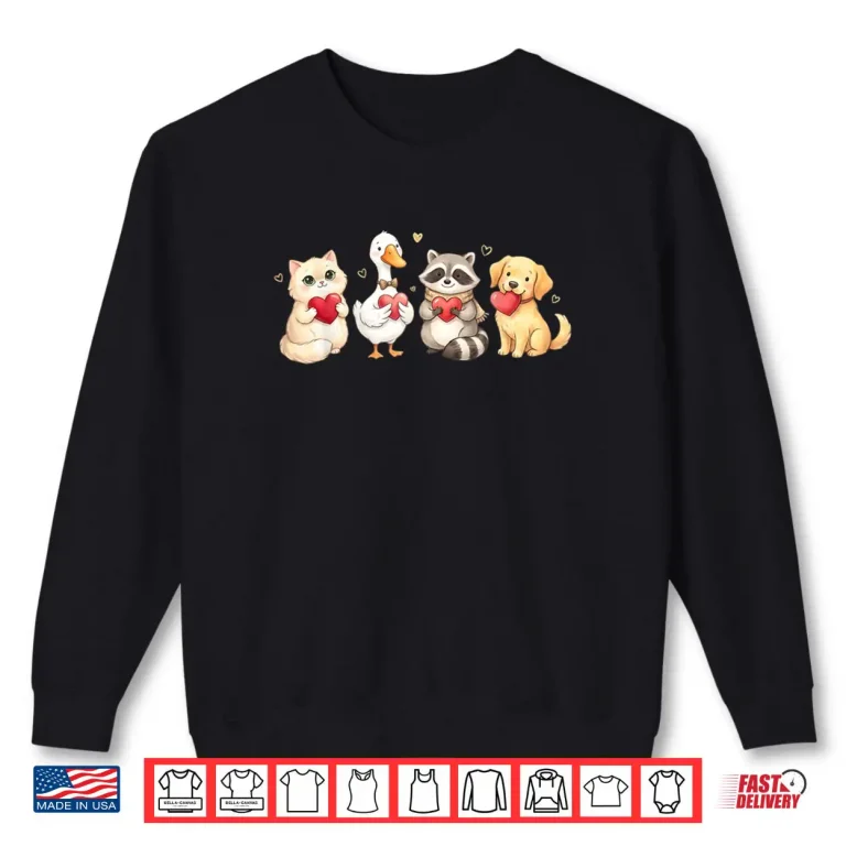 Cute Cat Dog Raccoon Goose Holding Hearts Valentine Lovers Shirt 1 Sweatshirt Cute Cat Dog Raccoon Goose Holding Hearts Valentine Lovers Shirt
