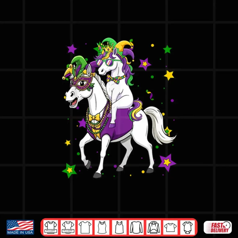 Design Unicorn Riding Horse Mardi Gras Beads Masked Jester Hat Shirt