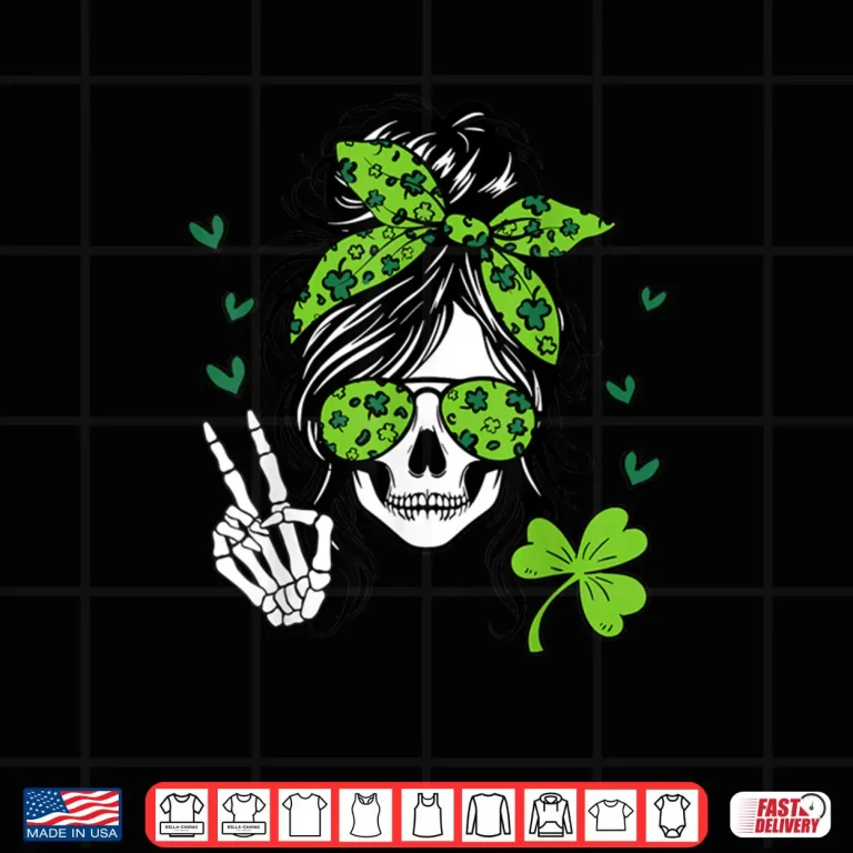 Design Lucky Irish Skull Girl St Messy Bun Patricks Day Women Shirt