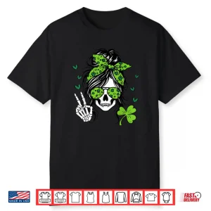 Lucky Irish Skull Girl St Messy Bun Patrick’s Day Women Shirt