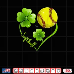 Design Funny Softball Lover Shamrock Clover Heart St Patricks Day Shirt