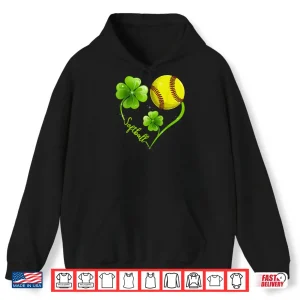 Hoodie Funny Softball Lover Shamrock Clover Heart St Patricks Day Shirt
