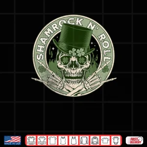 Design Shamrock and Roll Rock and Roll Saint Patricks Day Skull Shirt
