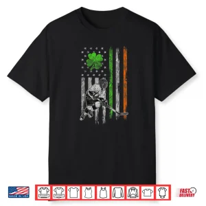 Hockey American Irish Flag St Patricks Day Shamrock Leaf Shirt