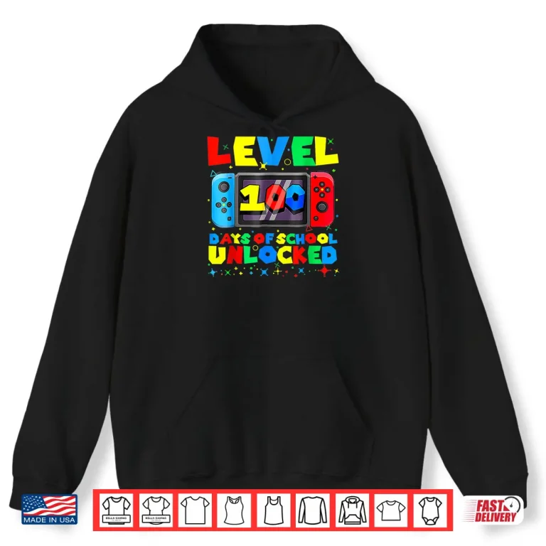 Hoodie Level 100 Days of School Unlocked Gamer Video Games Boys Shirt 1