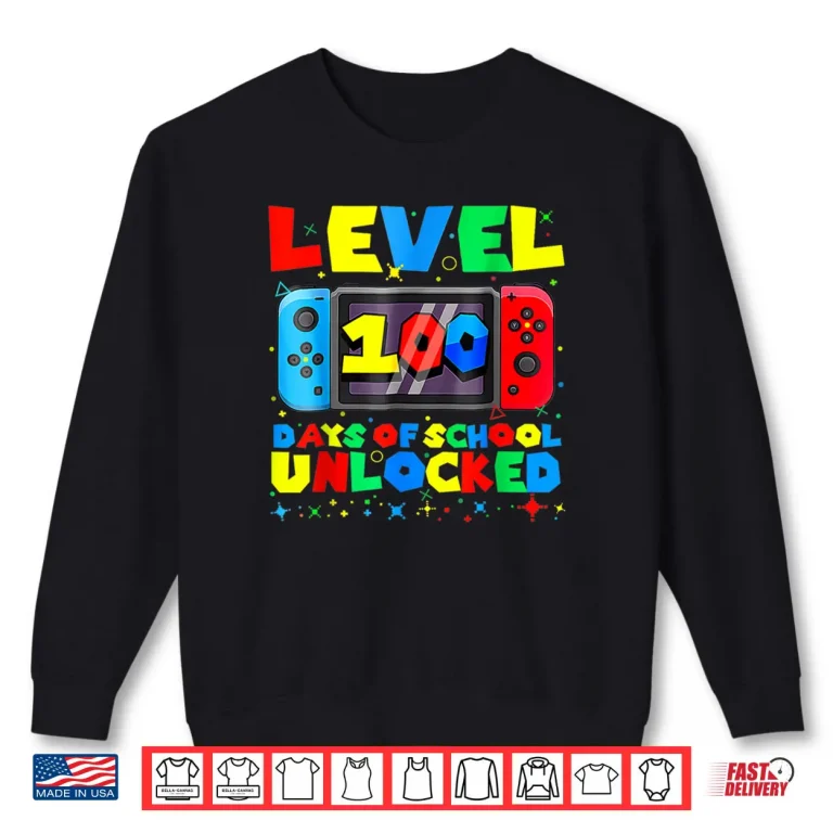 Sweatshirt Level 100 Days of School Unlocked Gamer Video Games Boys Shirt 1