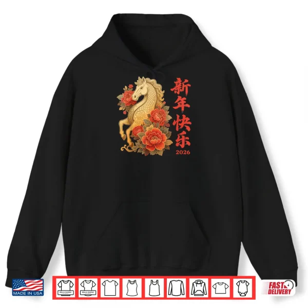 Hoodie Red Flowers Chinese New Year 2026 Year of The Horse 2026 Shirt