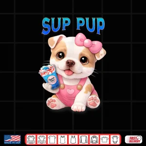 Design Sup Pup Cute Pitbull Puppy with Sweet Sips Cartoon Dog Shirt