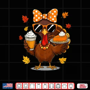 Design Turkey Drinking Coffee Bow Thanksgiving Day Shirt