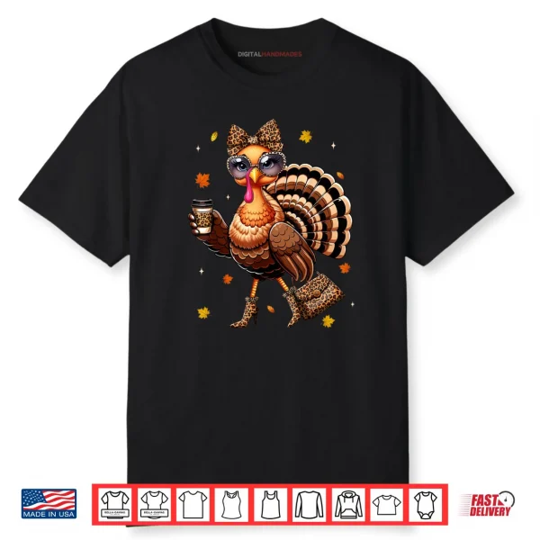 Leopard Turkey Drinking Coffee Thanksgiving Turkey Day Shirt