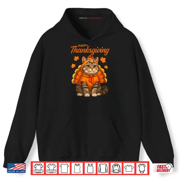 Hoodie Happy Thanksgiving Cat Turkey Day Fall Shirt