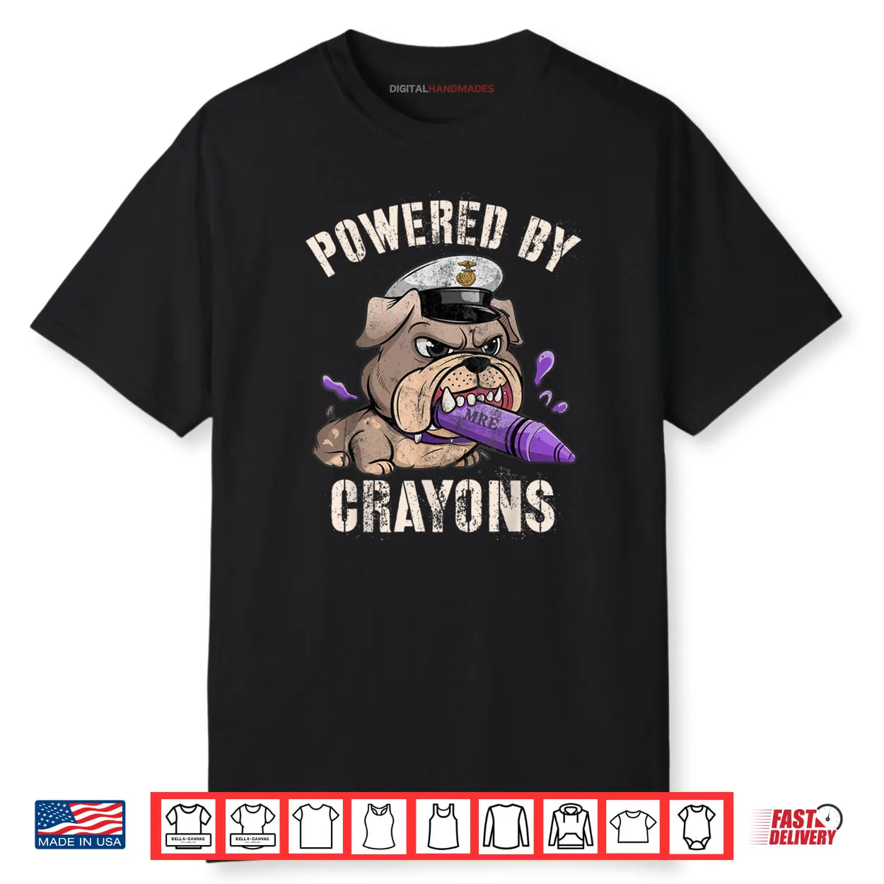 Powered by Crayons Bulldog Officer Family Military Gag Shirt Powered by Crayons Bulldog Officer Family Military Gag Shirt