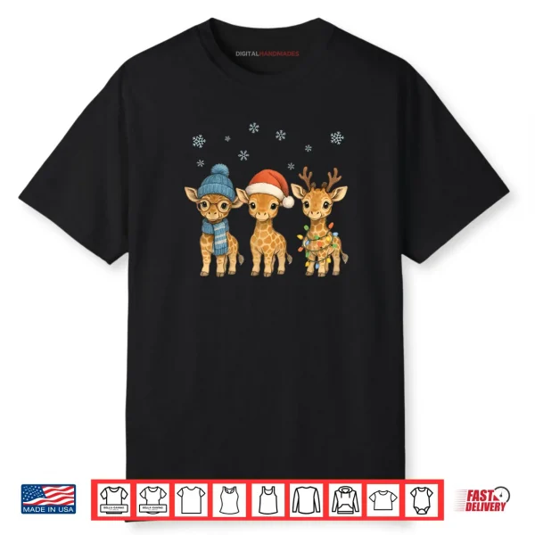 Baby Giraffe Christmas Lights Santa Hat Reindeer Shirt