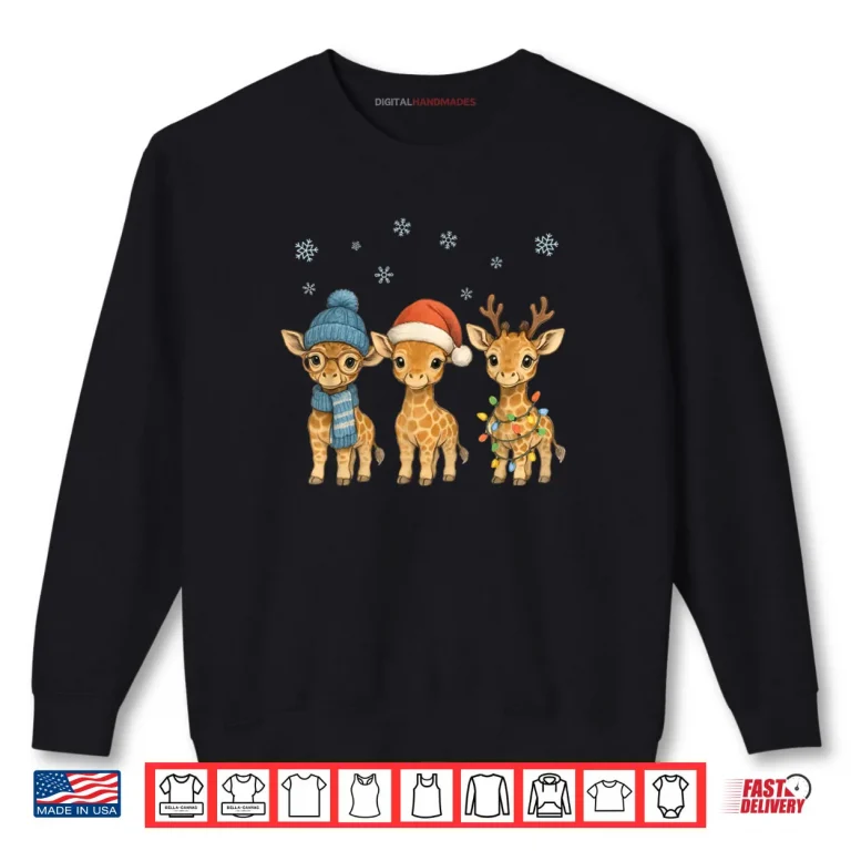 Sweatshirt Baby Giraffe Christmas Lights Santa Hat Reindeer Shirt