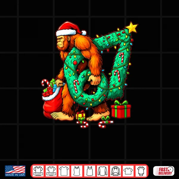 Design Santa Bigfoot 67 Christmas Tree Xmas Lights Funny Sasquatch Shirt