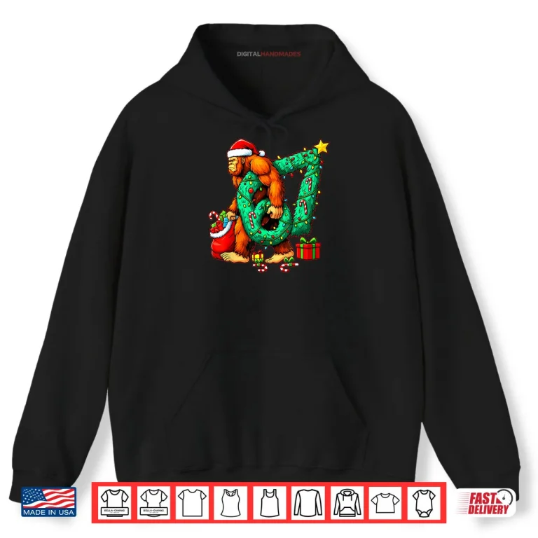Hoodie Santa Bigfoot 67 Christmas Tree Xmas Lights Funny Sasquatch Shirt