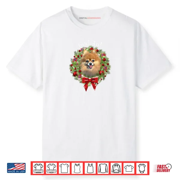 God Jul Norwegian Pomeranian Dog Christmas Wreath 2 Shirt