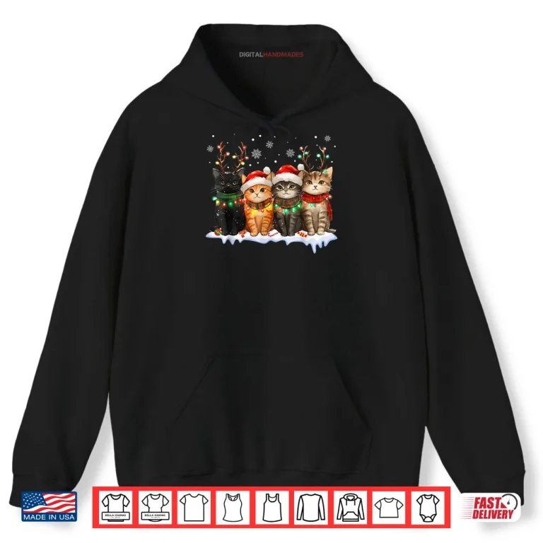 Hoodie Cat Christmas Light Reindeer Santa Christmas Cat Lover Shirt
