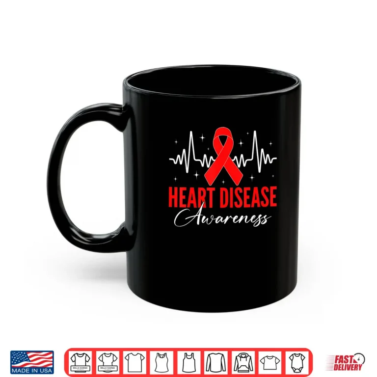 Mug Heart Disease Awareness Day Warriors Red Ribbon Heartbeat Shirt