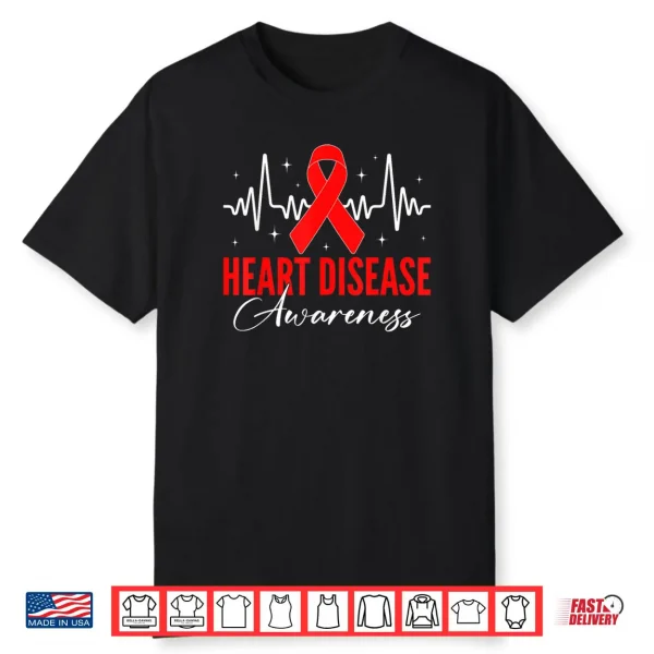 Heart Disease Awareness Day Warriors Red Ribbon Heartbeat Shirt