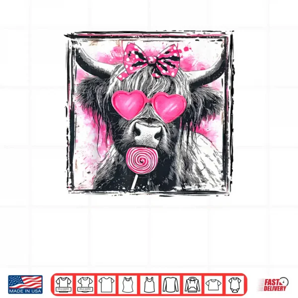 Design Vintage Cute Lollipop Highland Cow Bow Valentine Pink Heart Shirt