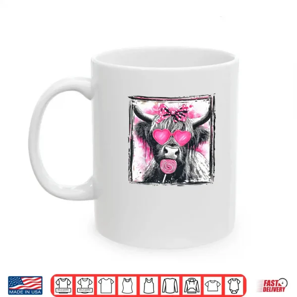 Mug Vintage Cute Lollipop Highland Cow Bow Valentine Pink Heart Shirt