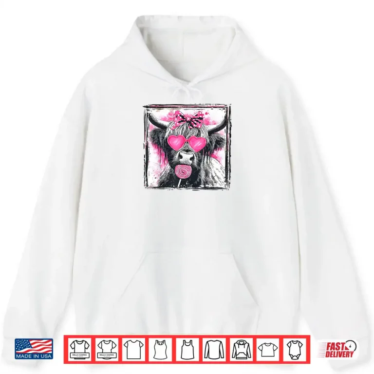 Hoodie Vintage Cute Lollipop Highland Cow Bow Valentine Pink Heart Shirt