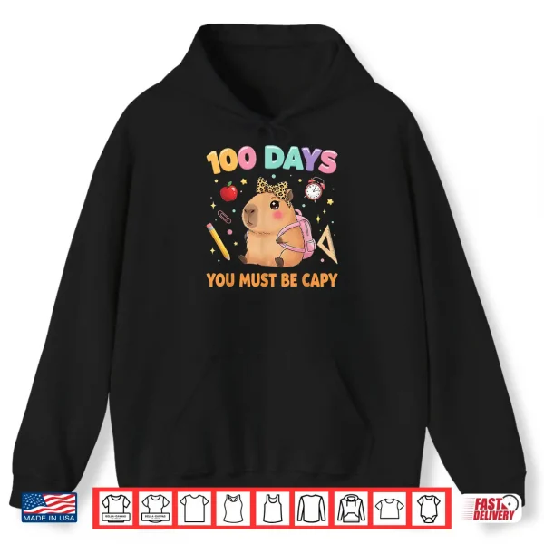 Hoodie Cute 100 Days Of School Capybara With Leopard Bow Teacher Shirt