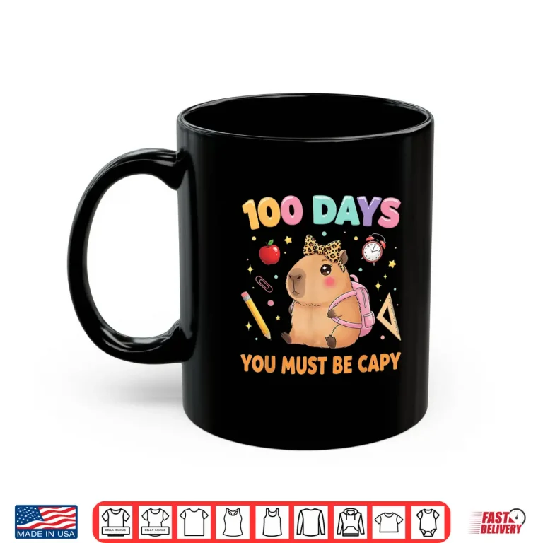 Mug Cute 100 Days Of School Capybara With Leopard Bow Teacher Shirt