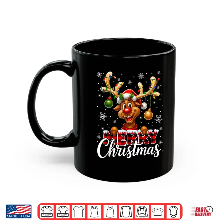Mug Merry Christmas Reindeer Plaid Pajamas Xmas Shirt