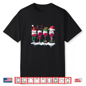 Three Santa Elf Reindeer Wine Glasses Christmas Drinker Shirt