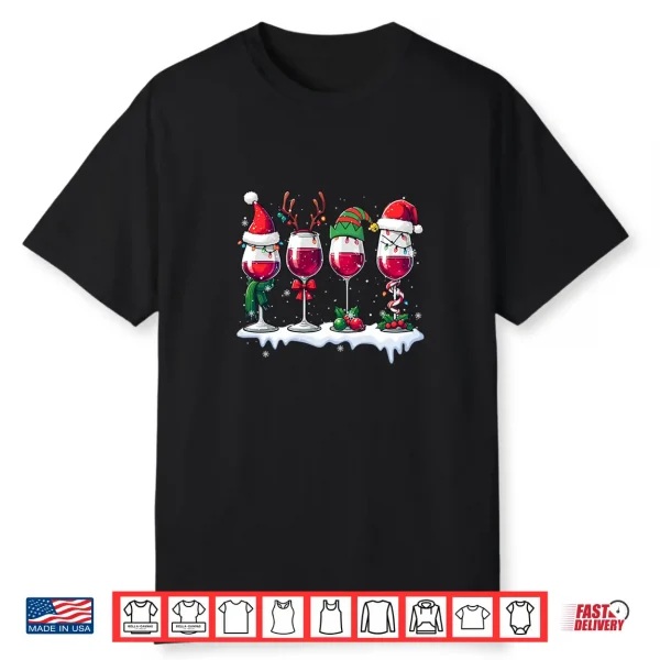 Three Santa Elf Reindeer Wine Glasses Christmas Drinker Shirt