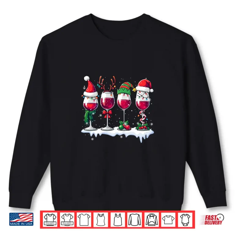 Sweatshirt Three Santa Elf Reindeer Wine Glasses Christmas Drinker Shirt