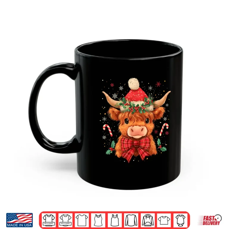 Mug Highland Cow Mooey Xmas Heifer Santa Hat Cute Christmas Shirt