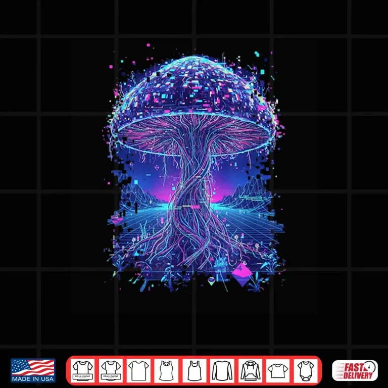 Design Psychedelic Glitch Mushroom Cyberpunk Neon Nature Network Shirt