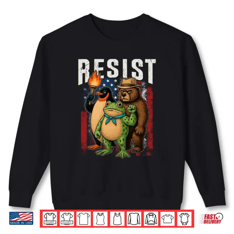 Sweatshirt Bear Penguins And Frog Resist Protest Against Tariffs Shirt 1