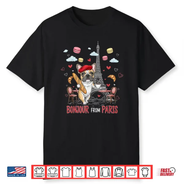 French Bulldog Paris Cafe Bonjour Travel Souvenir Shirt