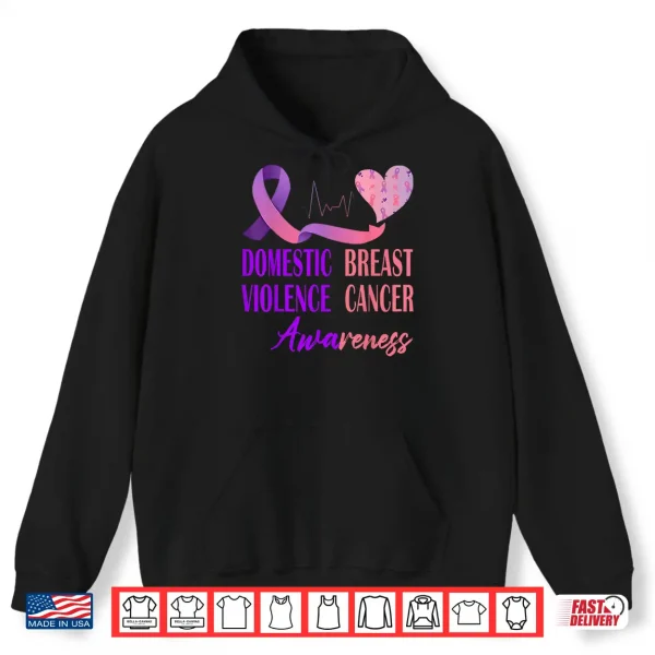 Hoodie Domestic Violence Breast Cancer Awareness Heartbeat Ribbon Shirt