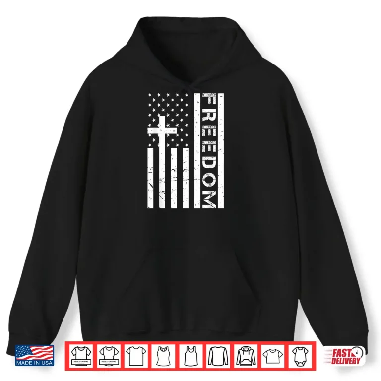 Hoodie Red Freedom American Flag and Cross Faith Family Freedom Shirt