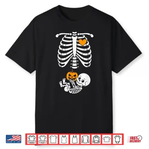 Halloween Skeleton Baby Rib Cage Maternity Pregnant Pumpkin Shirt