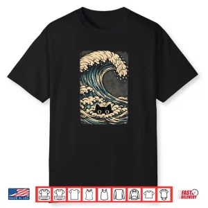 Funny Black Cat Japanese Wave Art Design Shirt
