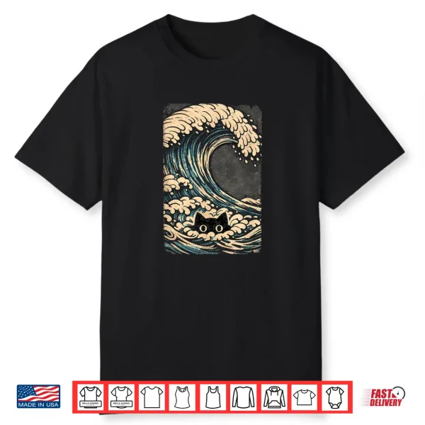 Funny Black Cat Japanese Wave Art Design Shirt