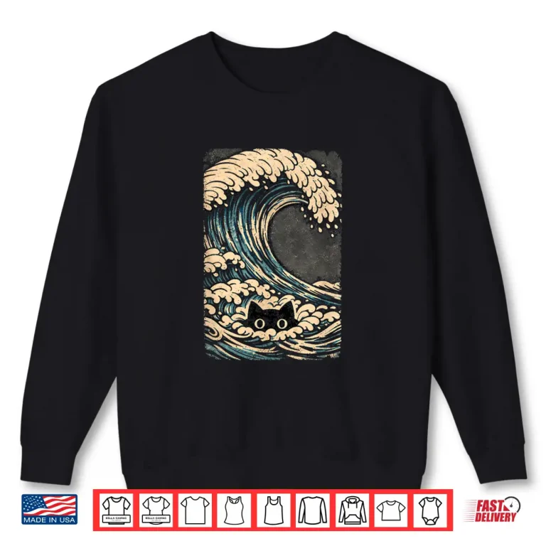 Sweatshirt Funny Black Cat Japanese Wave Art Design Shirt