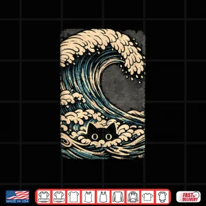 Design Funny Black Cat Japanese Wave Art Design Shirt