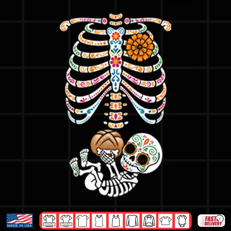 Design Pregnancy Skeleton Dia De Los Muertos Belly Bump Shirt