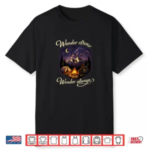 Wander Often Wonder Always Camping Mountain Badge Shirt